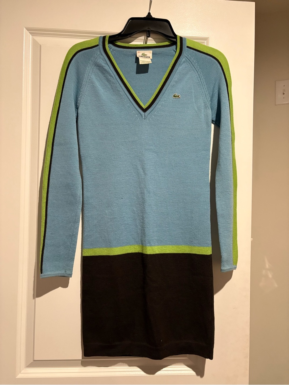Lacoste Light Blue V-Neck Sweater with Lime & Black Trim